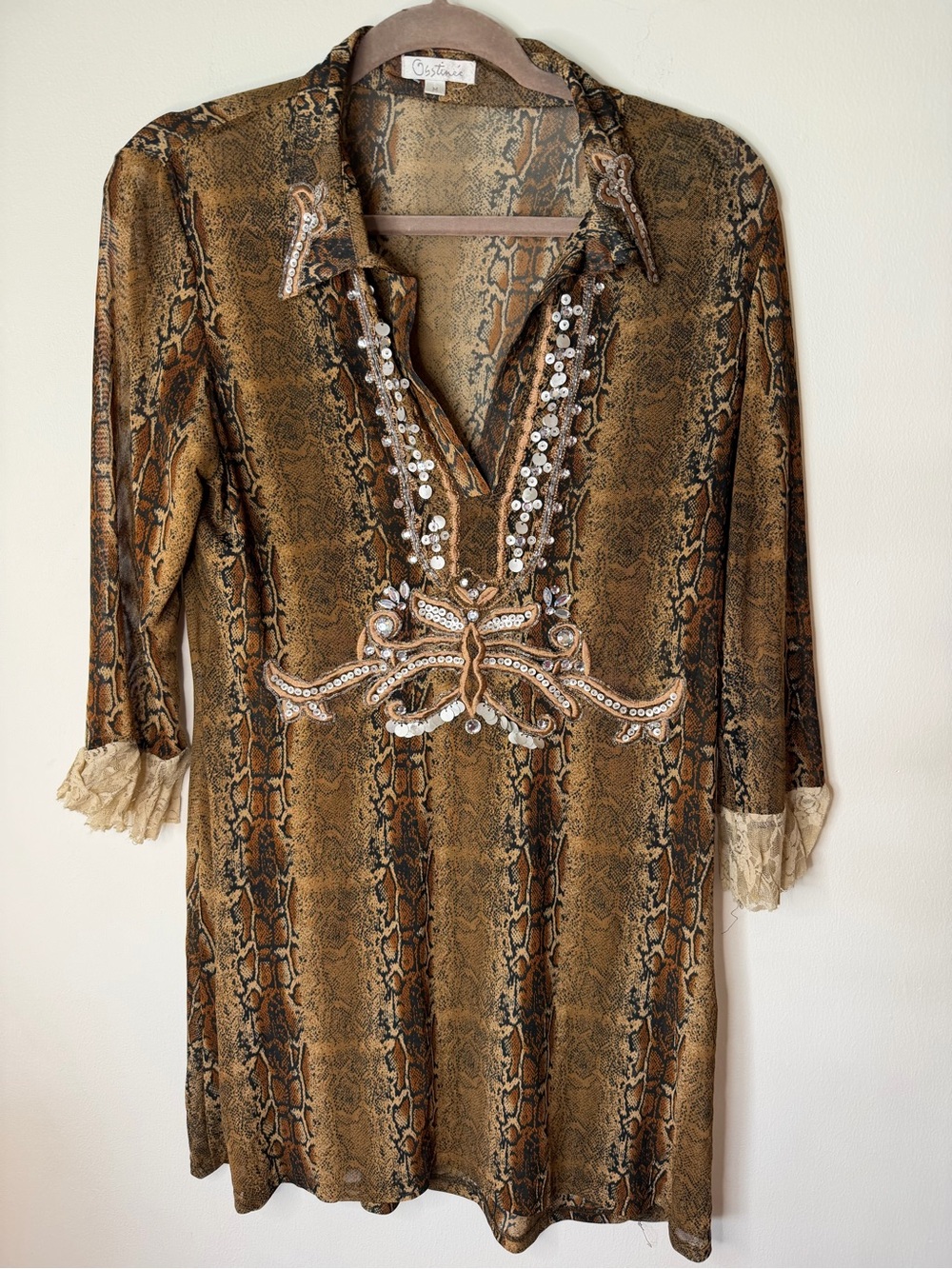 Ostinnec Snake Print Tunic Dress animal print festival beaded lace size medium.